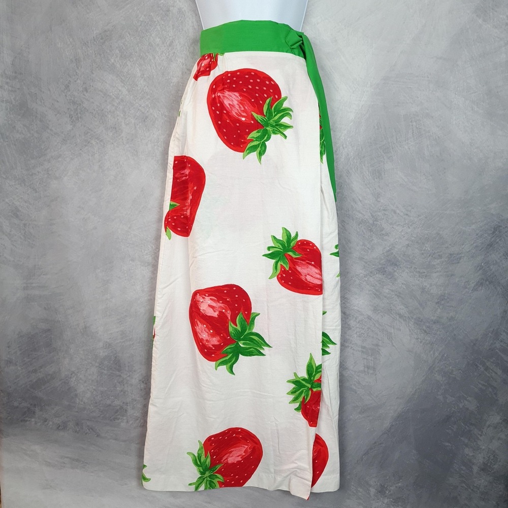 Vintage Maxi Skirt Womens Small White Strawberry Print Wrap Cotton 70s 80s